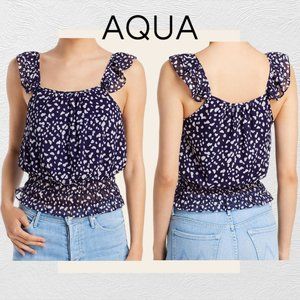 AQUA Women's Navy & White Fluttered Sleeve Top Blouse Size Medium